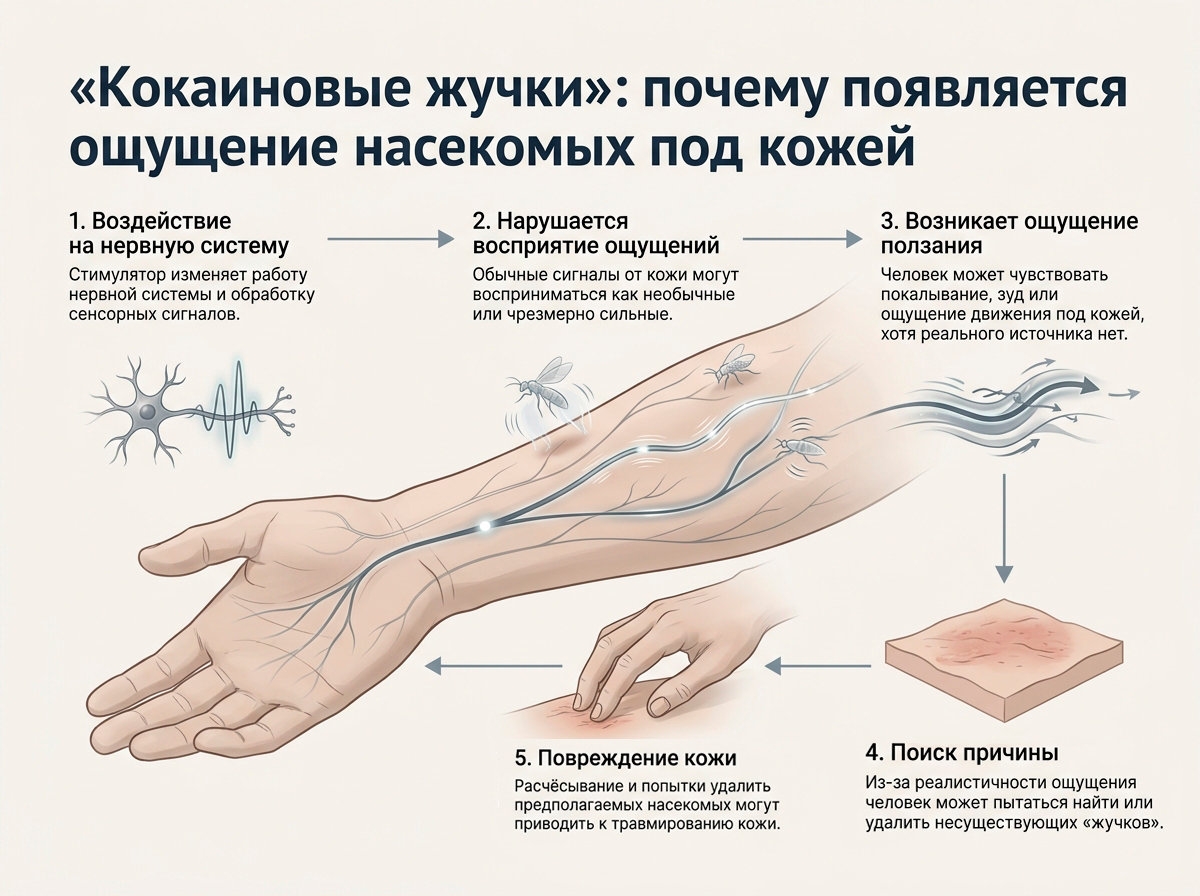 Инфографика: почему возникает ощущение насекомых под кожей после кокаина